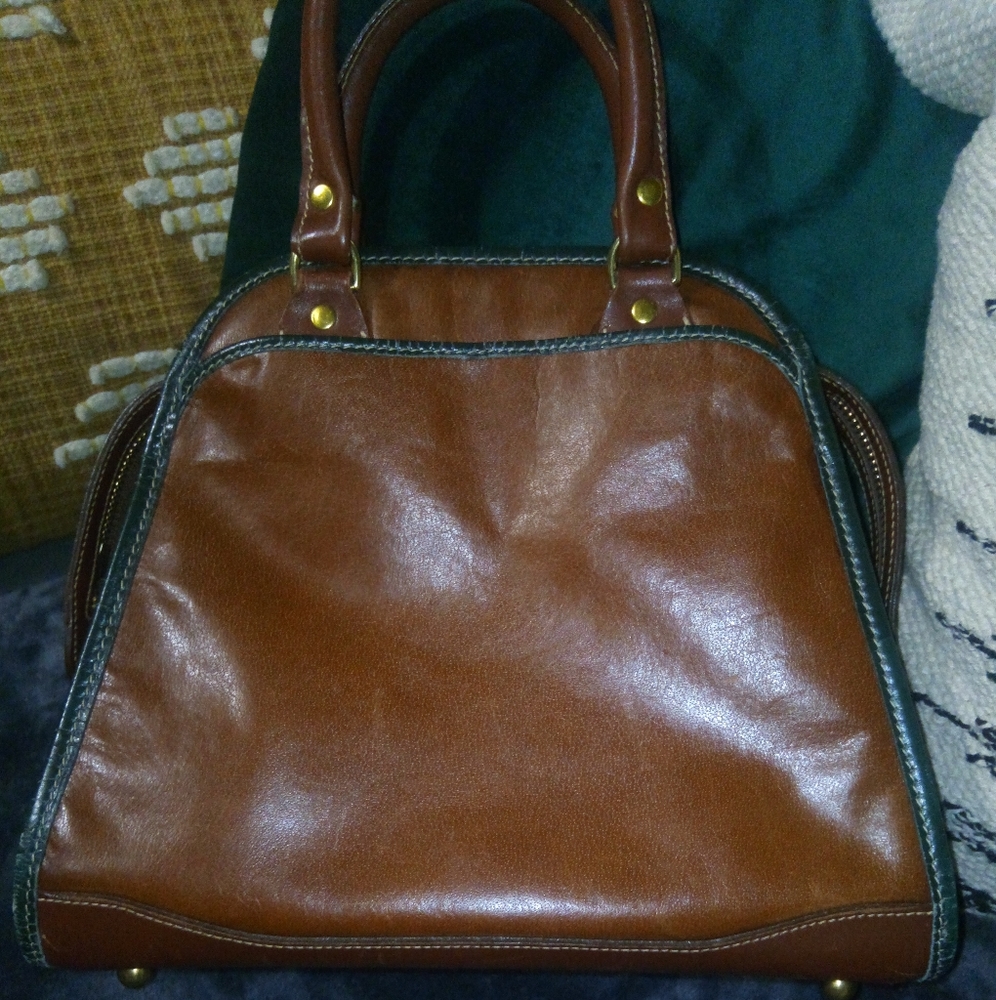 Brahmin Mini Bowler Leather Top Handle Satchel in Cognac Brown with Green Trim - Picture 13 of 14